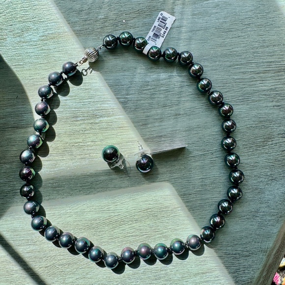 NWT Genuine Gray / Blue Shell Pearl Necklace & Sterling Silver Earrings Set - Picture 1 of 8